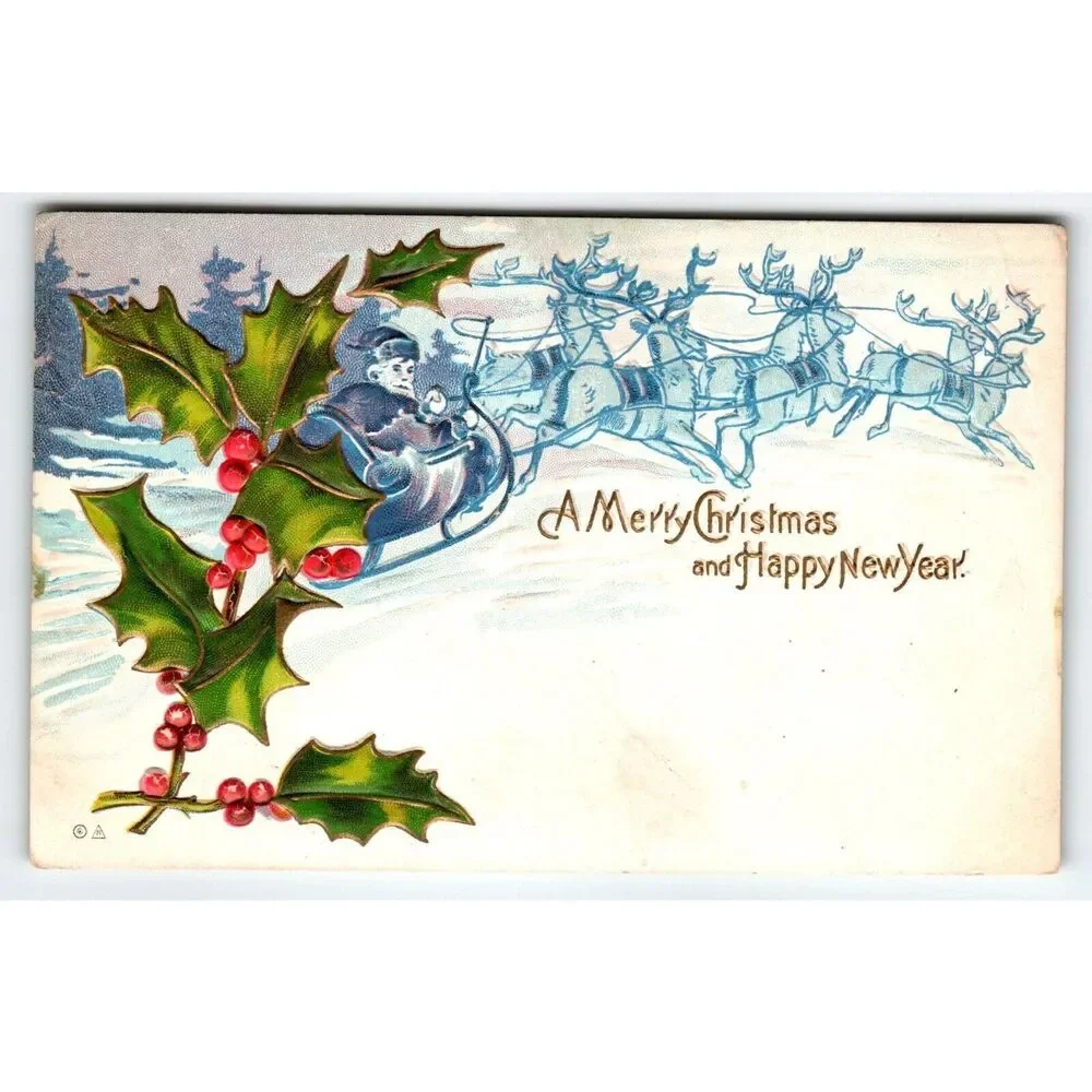 Santa Claus Christmas Postcard Blue Reindeer Embossed Vintage Happy New Year